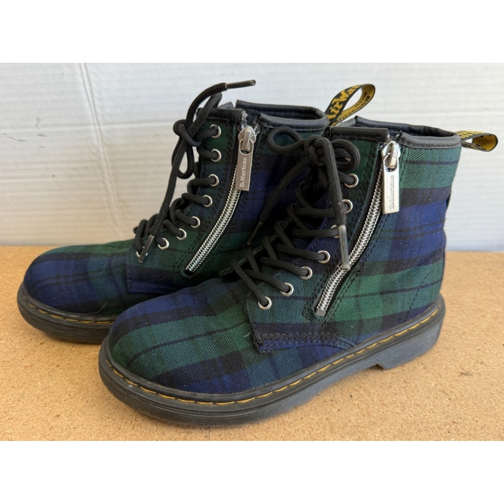 Dr. Martens Junior US Sz 2 1460 ZIP J Tartan Pattern Green Combat Zip up Boots